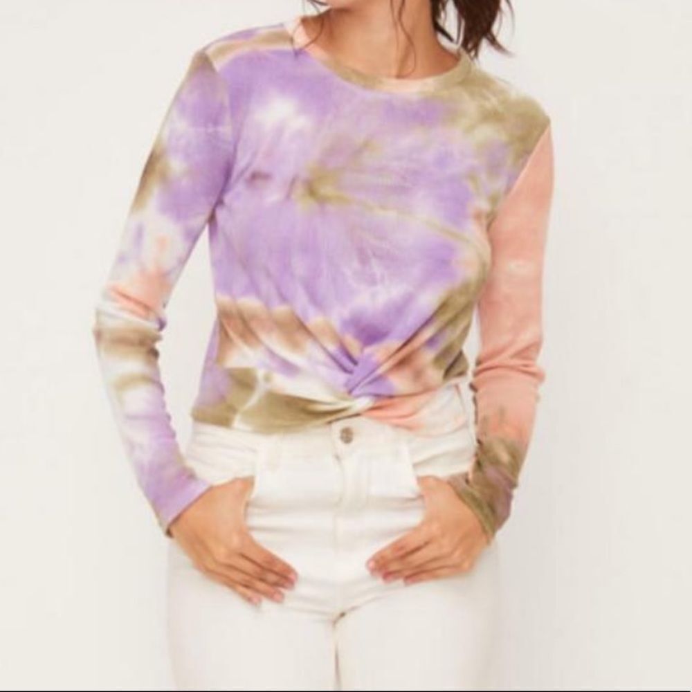 LUSH Women's Crop Top Long Sleeve Peach and Olive Tie-Dye Twist small